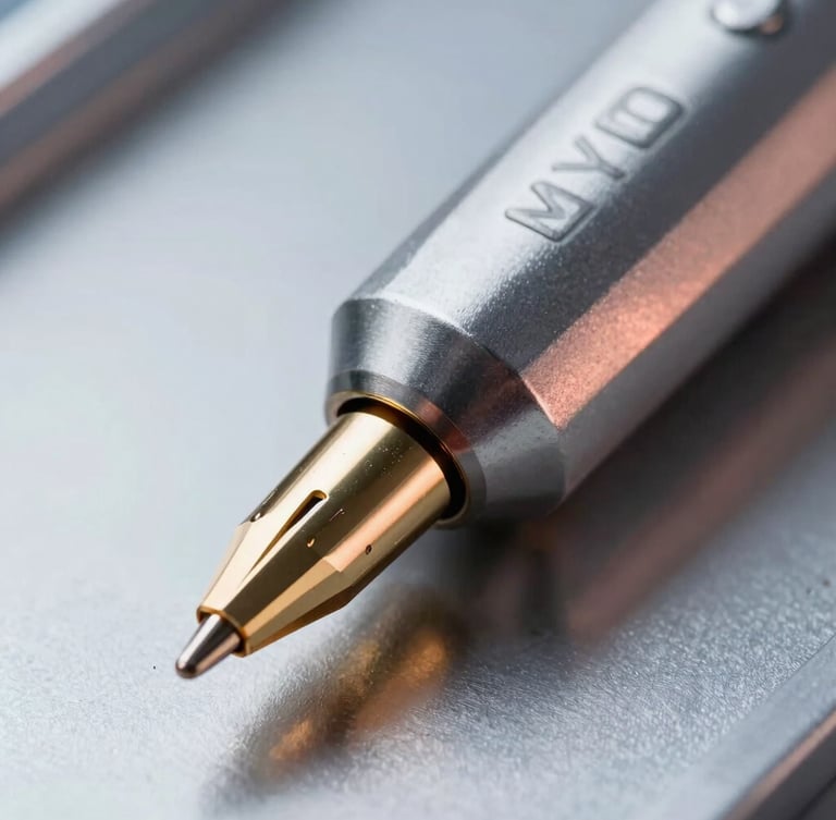 Extreme macro shot of a sleek MYTO soldering cartridge tip, showing gold-plated contacts and sharp metallic reflections under cool industrial studio lighting with subtle copper highlights.