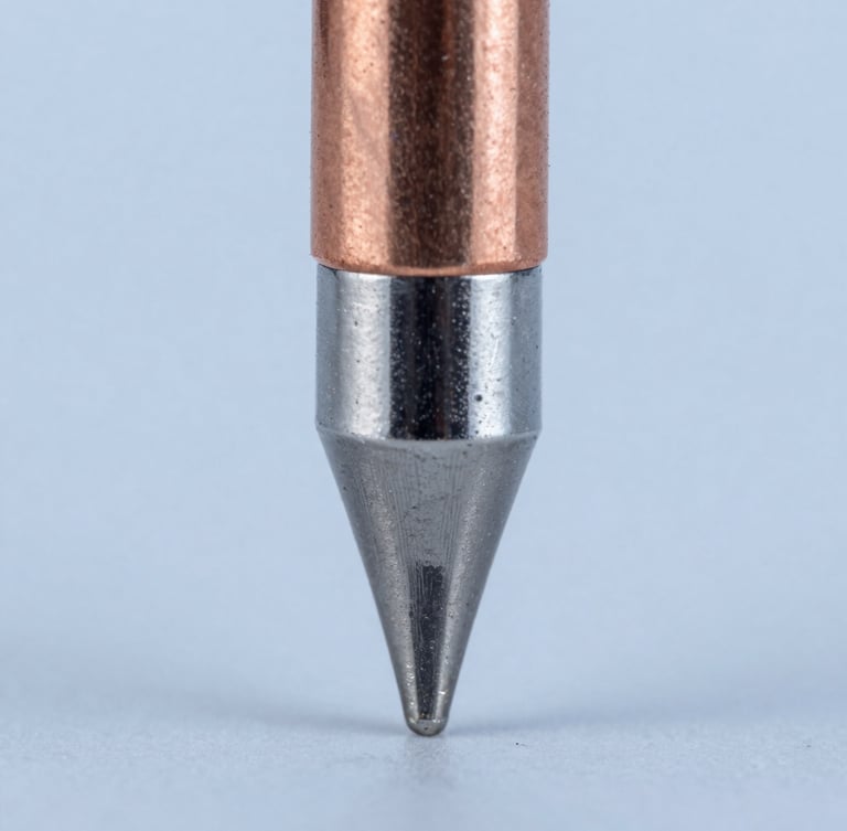 Extreme macro cross-section of a soldering tip showing the copper core, iron plating layer, and chrome stop-off, studio technical lighting, high contrast, 1:1 square
