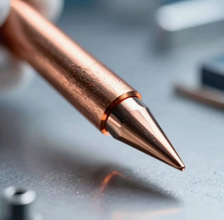 Extreme macro shot of a pristine copper-core soldering tip, sharp metallic reflections, high-contrast industrial cleanroom lighting, copper-orange accents, 3:4 portrait aspect.