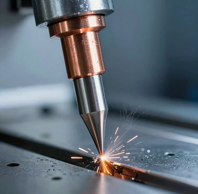 Extreme macro shot of a copper soldering tip point being turned on a high-precision CNC lathe, metallic silver oil mist, sharp orange sparks, cool industrial studio lighting
