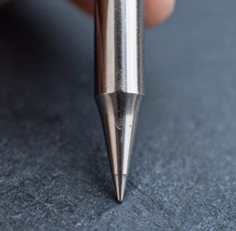 Extreme macro photography of a pristine silver-plated soldering tip point, sharp metallic reflections, cool slate background with subtle copper highlights, 3:4 portrait