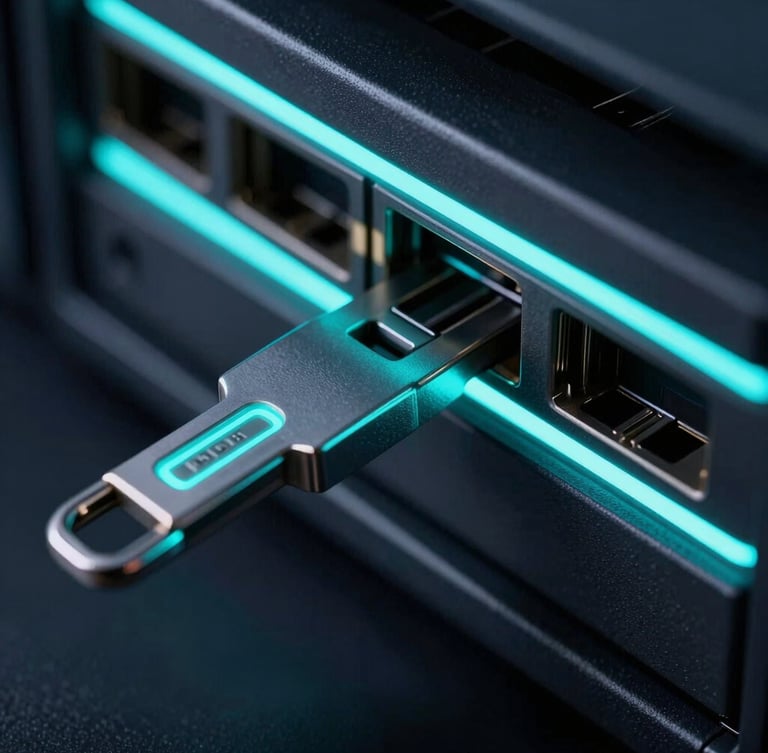 Macro close-up of a glowing hardware security key plugged into a dark metallic server rack, sharp neon cyan highlights, high-contrast low-key lighting, deep shadows
