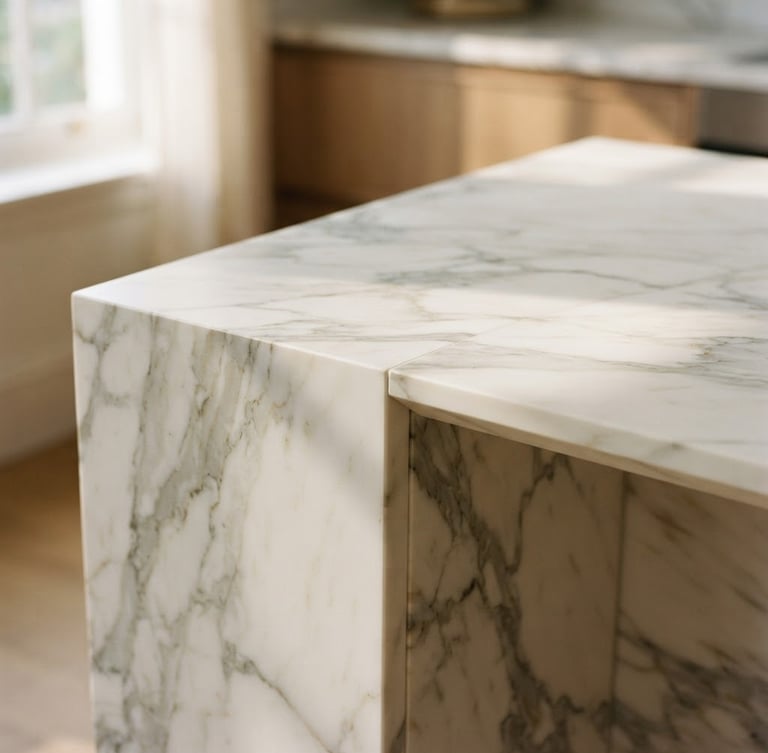 Close-up of a perfectly aligned Calacatta marble slab transition with crisp mitered edges, natural warm daylight, soft shadows, architectural detail