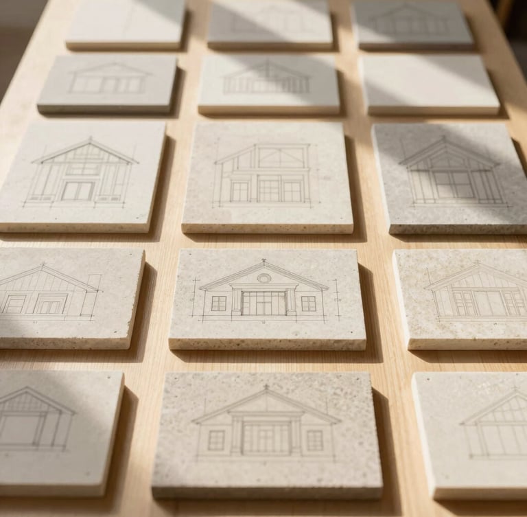 Architectural elevations and stone samples arranged on a light wood table, warm natural daylight, clean structured grid composition