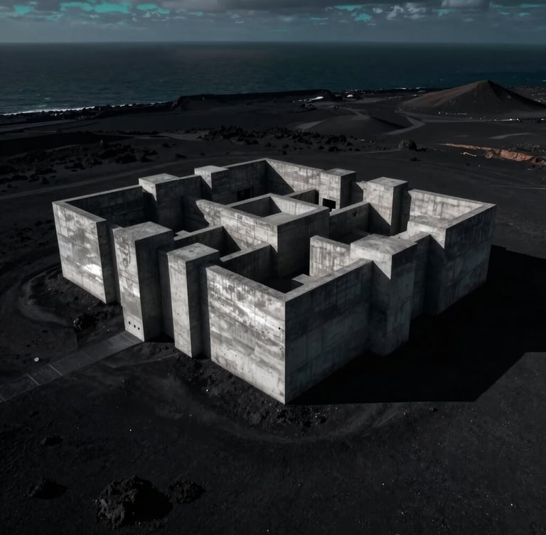 Extreme wide-angle drone shot of a brutalist concrete fortress on a dark volcanic coast, low-key high-contrast dramatic lighting, heavy shadows, cold metallic reflections, subtle cyan ambient glow in the horizon