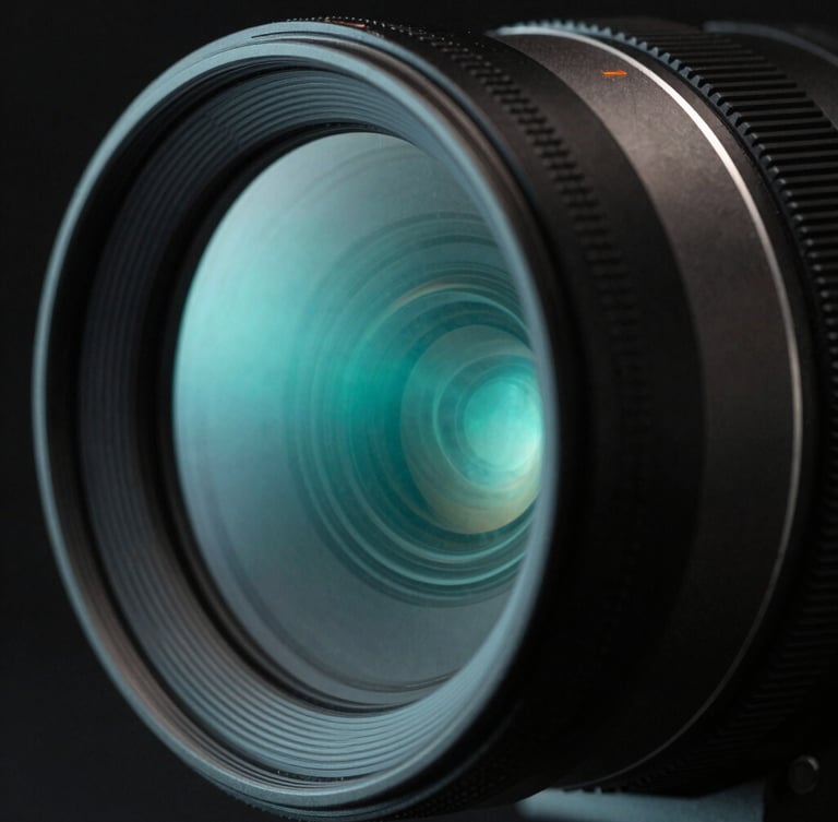 Extreme close-up of an anamorphic camera lens reflecting a sharp neon cyan light, matte charcoal housing, high-contrast shadows
