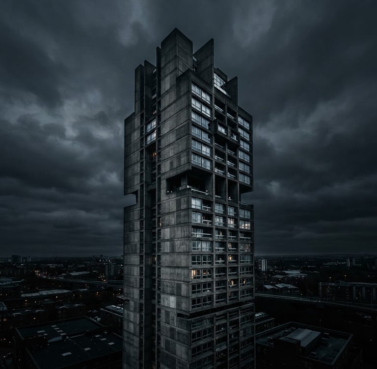 Low-key high-contrast drone shot of a brutalist concrete tower cutting into a dark slate sky, cold metallic reflections, anamorphic lens, matte charcoal tones.
