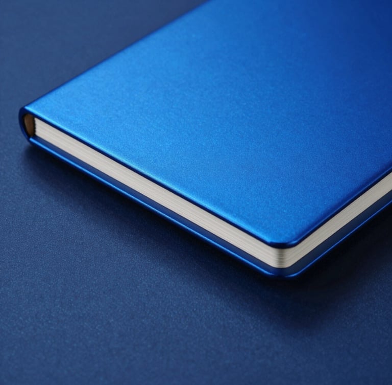 Macro studio shot of a sleek, custom-branded anodized aluminum notebook with electric blue metallic edge gilding, crisp lighting, deep blue shadows, 50mm