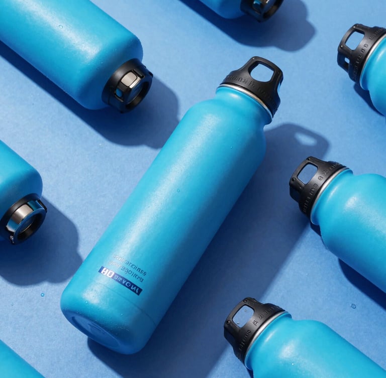 Dynamic angle shot of premium anodized water bottles with bright cyan branding, crisp studio lighting, deep blue shadows