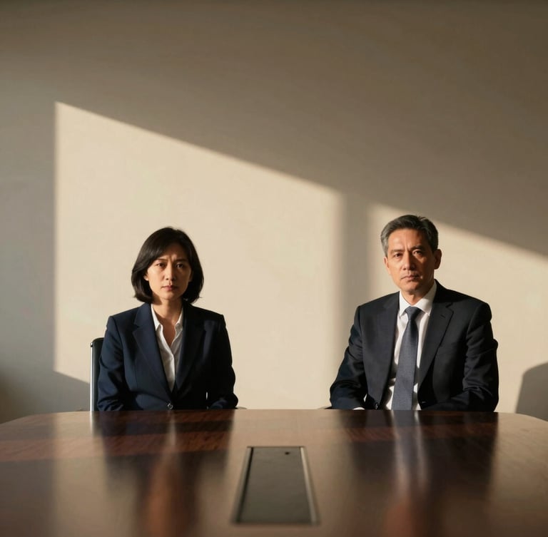 Low-key dramatic portrait of two corporate leaders in a minimalist cream-walled boardroom, sharp architectural shadows, warm ambient lighting.
