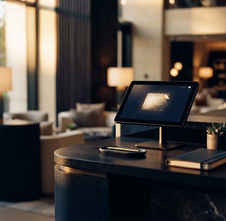 A tight, off-center architectural detail of a high-end hotel lobby desk with a sleek, minimalist digital interface screen, warm golden-hour lighting, deep navy shadows, editorial corporate style