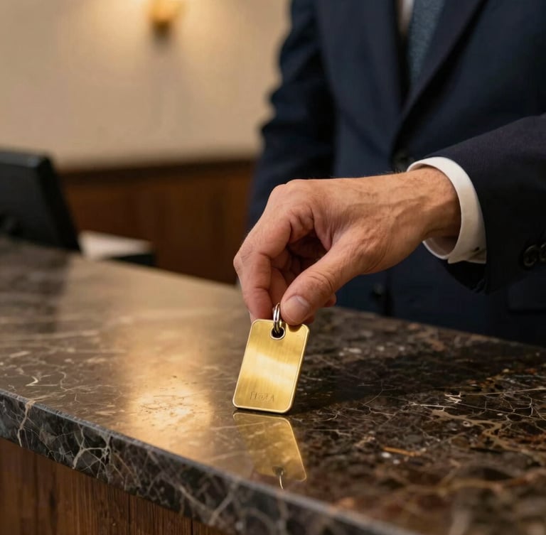 A close-up of a hand placing a polished brass keycard onto a dark marble reception desk, warm golden spotlighting, sharp focus on texture, editorial style.