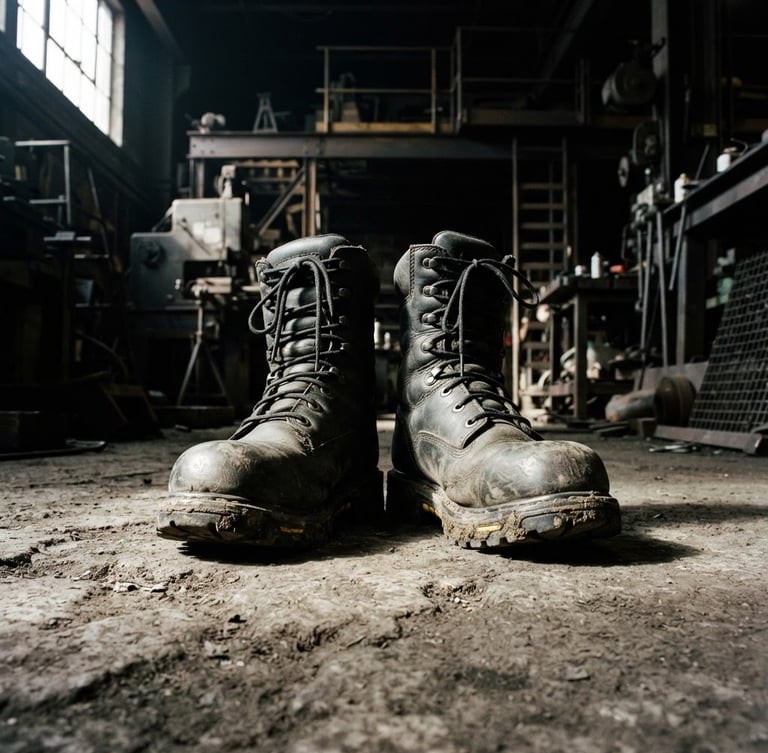Low-angle heroic shot of certified heavy-duty industrial safety boots with steel toes on a concrete floor, high-contrast dramatic natural light, dark charcoal tones