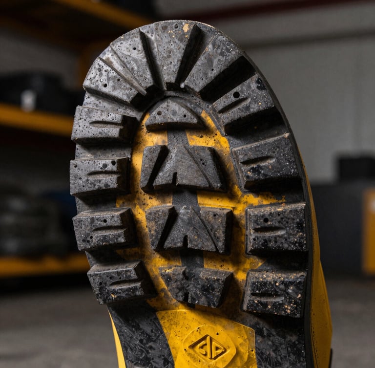 Macro close-up of heavy-duty safety boot sole showing deep tread pattern, industrial workshop background, high-contrast dramatic lighting, sharp focus