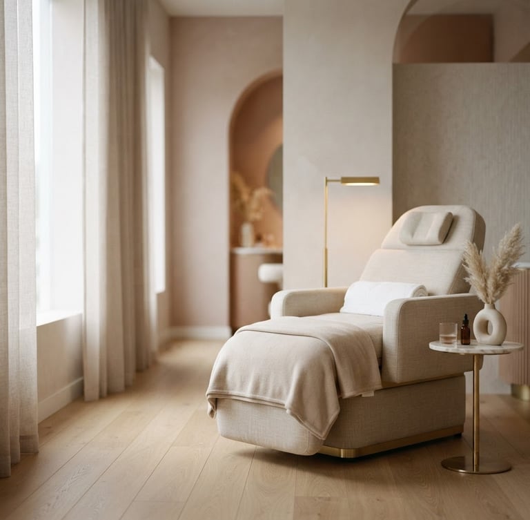 Elegant, minimalist studio interior with soft, diffused window light, a plush beige treatment chair in the right third, and subtle gold accents. Uncrowded, serene atmosphere.