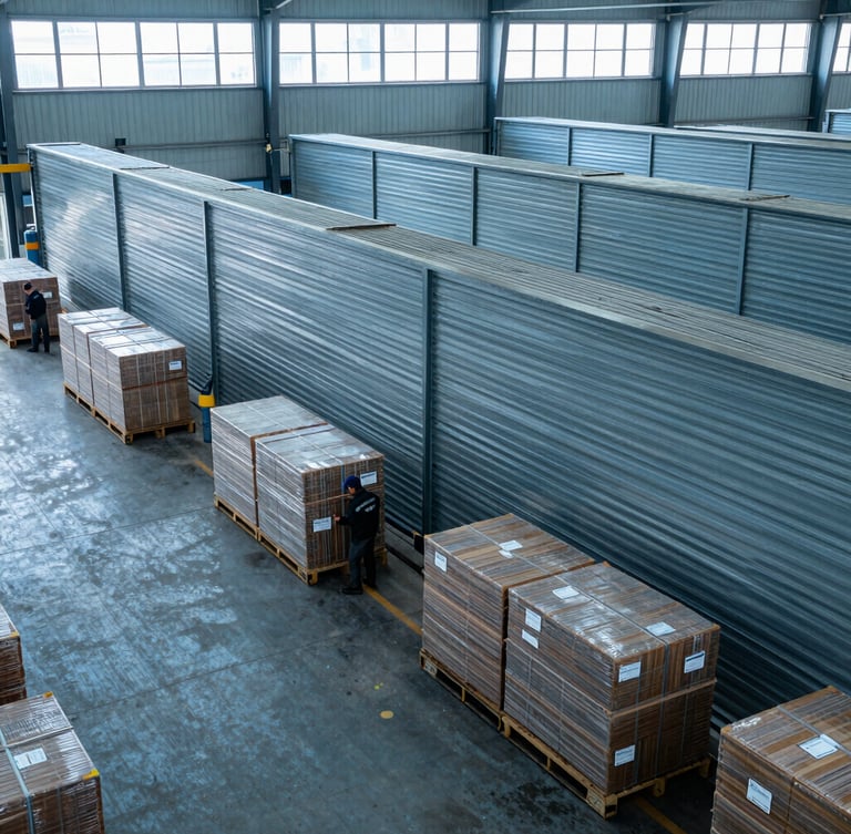 High-angle wide shot of active warehouse operations, cool natural daylight filtering through high windows, steel blue palette, unposed workers organizing freight, sharp focus, 35mm