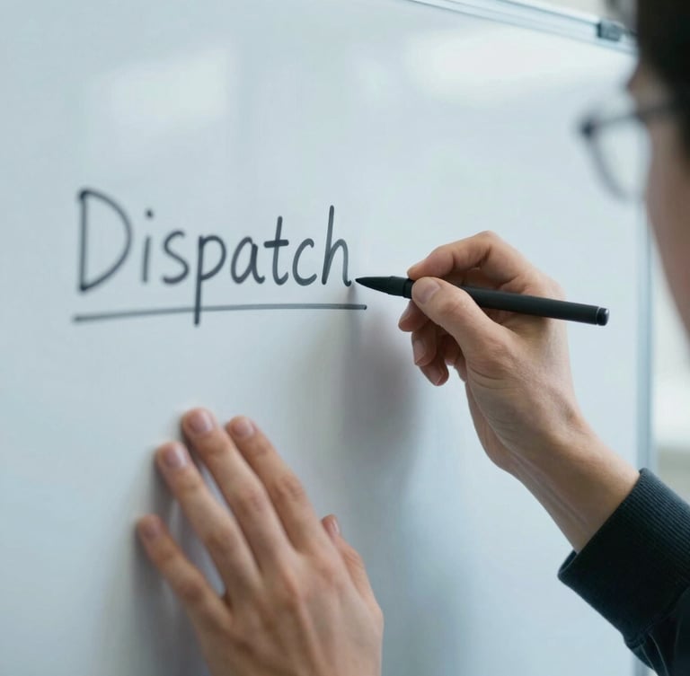 A close-up of hands writing on a whiteboard, analyzing dispatch schedules under cool daylight, desaturated blue tones, sharp focus, 35mm.
