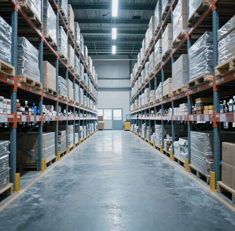 Wide shot of a clean, structured warehouse floor with industrial overhead lighting, steel shelves, desaturated blue tones, 35mm.