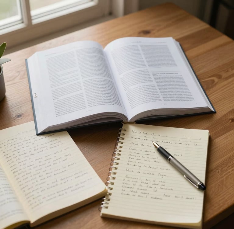 Overhead flat-lay of open academic journals, handwritten research notes on yellowed paper, and a fountain pen on a warm oak desk, soft natural window light, 35mm