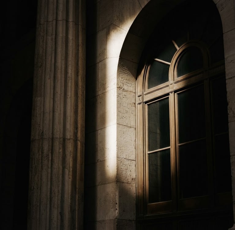 A minimalist architectural detail of a historic financial building in New York, sharp directional window light, deep shadows, desaturated warm tones, high-contrast 35mm.
