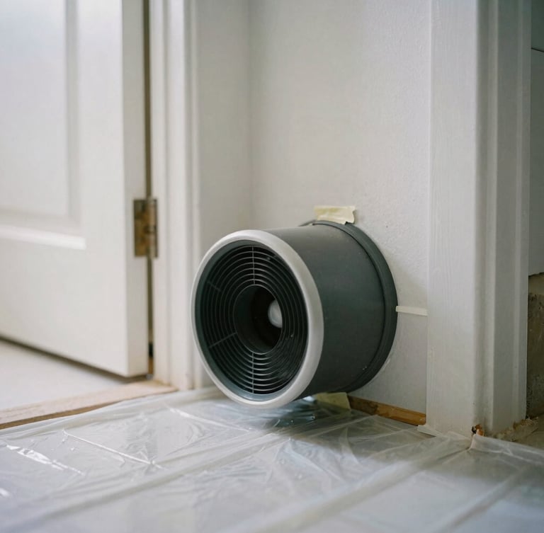 Close-up of a negative-air machine duct taped to a doorway, sealing off a bathroom renovation site, clean plastic sheeting covering the floor, soft natural daylight, desaturated charcoal and white tones, sharp focus, 35mm