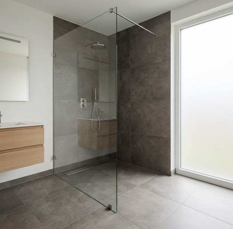 Wide shot of a modern, minimalist zero-threshold shower with large format charcoal tiles, natural light from a frosted window, pristine glass partition, and a sleek linear drain. Clean architectural photography, soft natural daylight, desaturated charcoal and white tones, sharp focus.