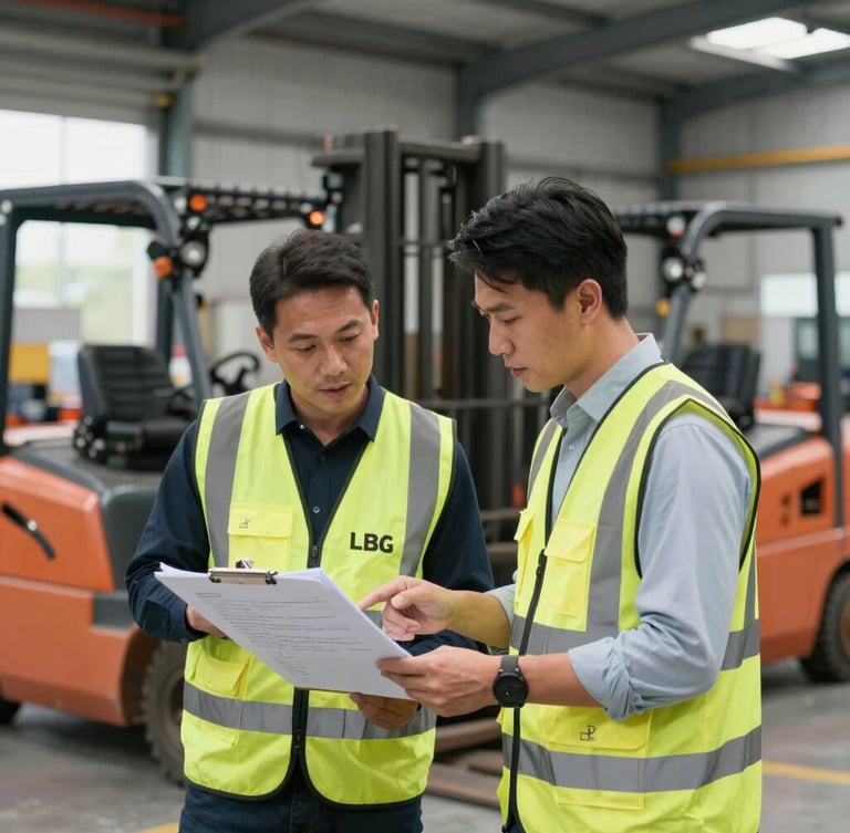 Medium shot of two LBG consultants in high-vis vests, one pointing to a blueprint on a clipboard, the other listening intently, inside a busy industrial warehouse with forklifts in the background, natural indoor lighting.