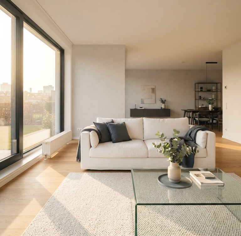 Sun-drenched minimalist living room, pristine white sofa, large window with golden hour light streaming in, deep slate grey accents, clean glass coffee table with sharp reflections, wide environmental shot.