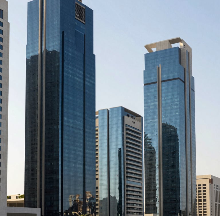 High-end architectural view of Muscat's modern Al Mouj business district, bright natural Arabian daylight reflecting off glass facades, clean composition, deep navy tones.