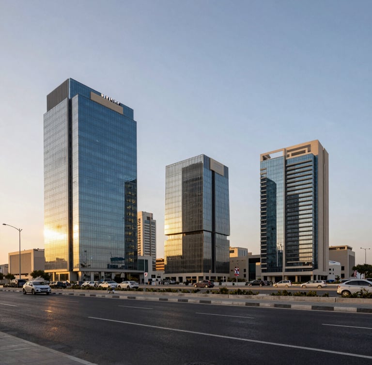 Wide panoramic Muscat business district at golden hour, modern glass office buildings reflecting warm Arabian daylight, clean negative space.