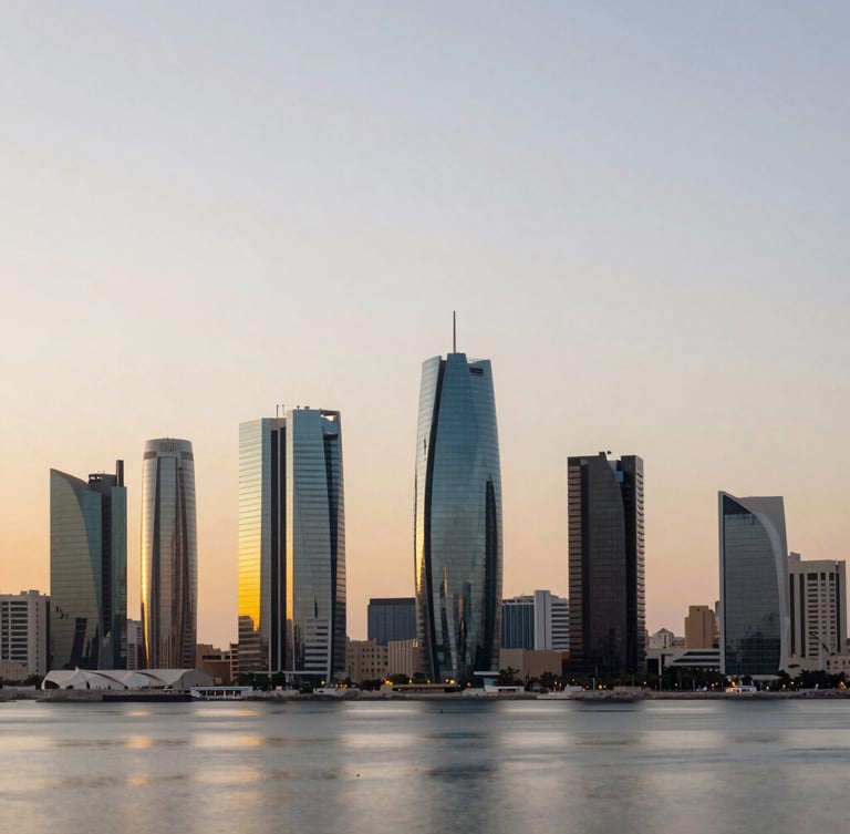 Wide shot of Muscat modern business district skyline at golden hour, architectural glass facades reflecting warm light, clean composition with negative space.