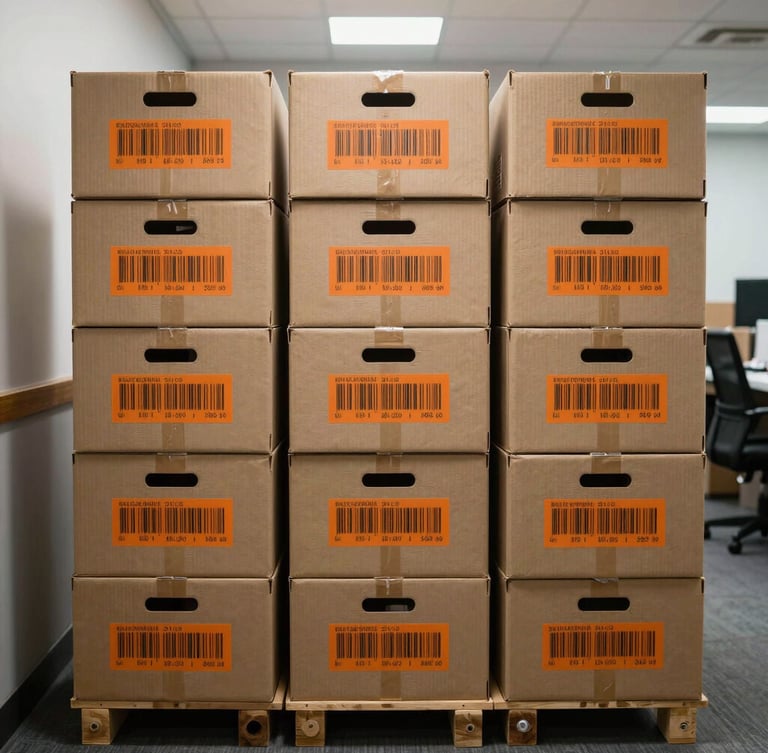 Straight-on eye-level view of neatly labeled moving crates stacked in an office hallway, crisp bright lighting, sharp focus on orange tracking barcodes.
