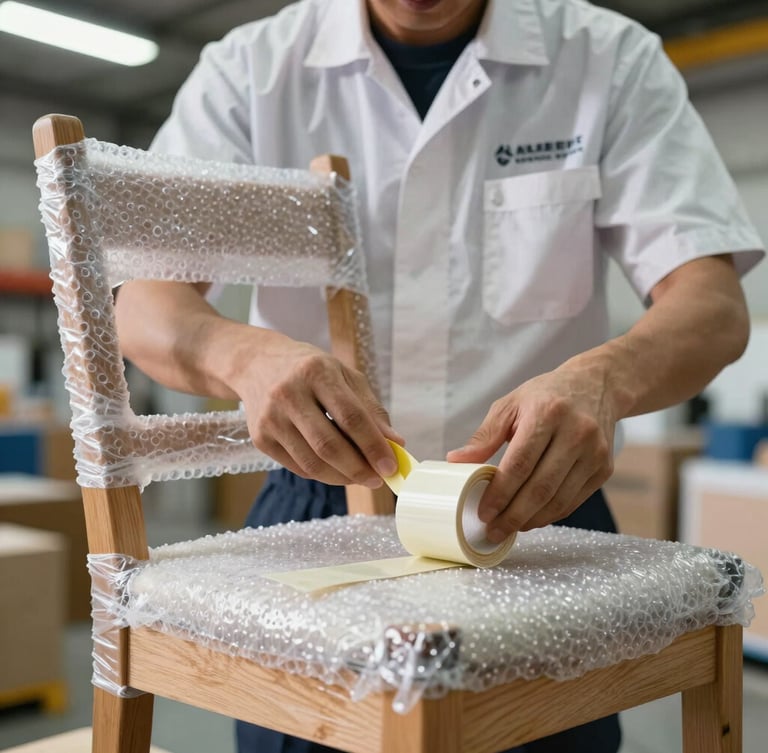 Straight-on close-up of a professional crew member in a clean uniform wrapping a fragile wooden chair with heavy-duty bubble wrap and securing it with thick tape, bright warehouse lighting, high-contrast details.