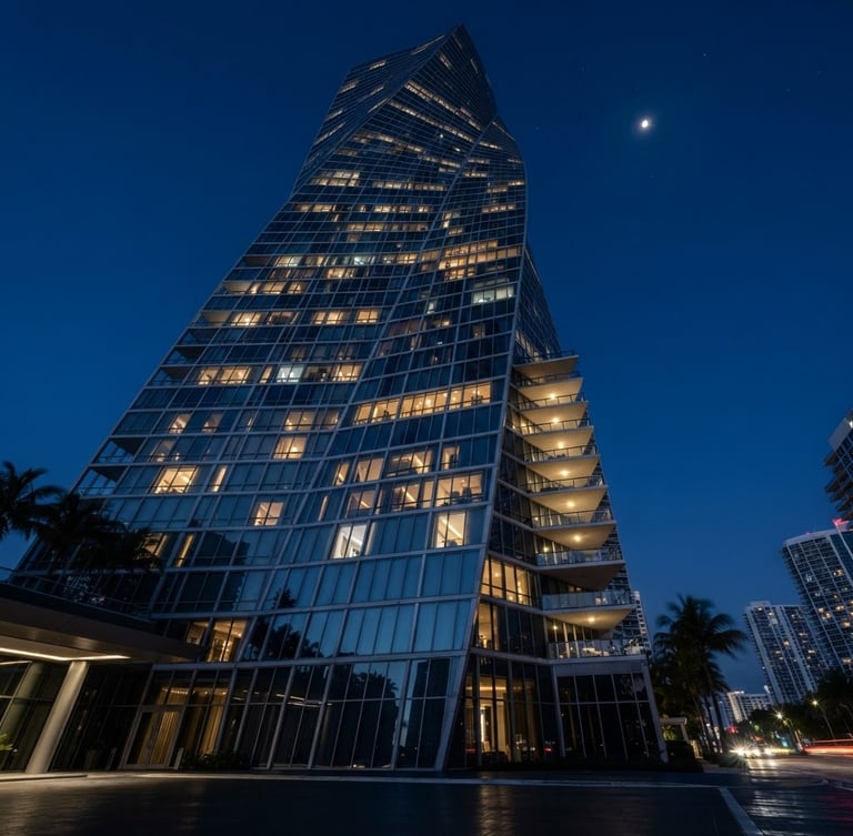 Low-angle architectural photograph of a modern glass skyscraper facade in Sunny Isles Beach during the blue hour, deep navy shadows, sharp focus, 35mm