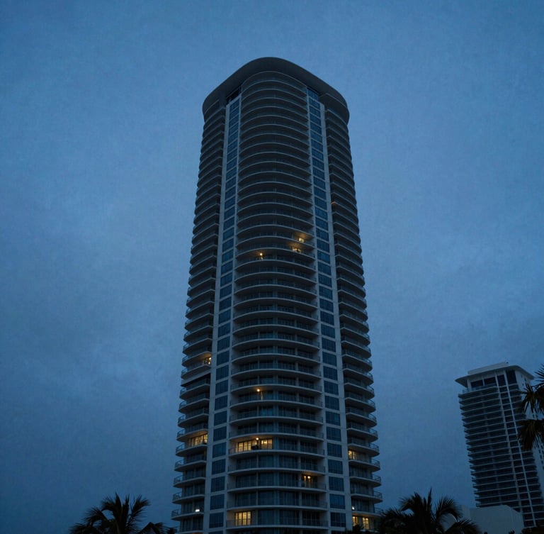 Low-angle architectural shot of a luxury high-rise tower in Sunny Isles Beach against a deep blue twilight sky, ocean mist, cinematic lighting, 35mm
