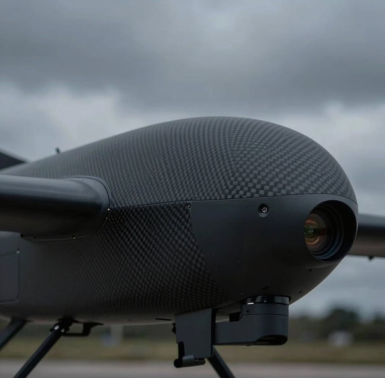 Macro detail shot of a matte black carbon-fiber UAV airframe joint and optical sensor payload, low-key high-contrast laboratory lighting, sharp technical detail, 50mm.