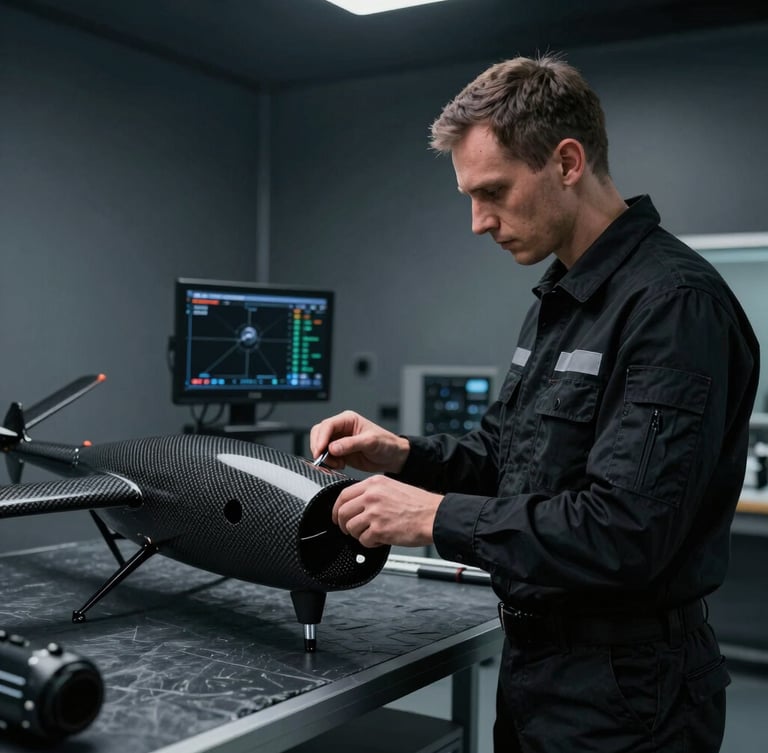 A Romanian aerospace engineer in a matte black uniform analyzing carbon-fiber UAV airframe telemetry in a dark, cool-toned laboratory
