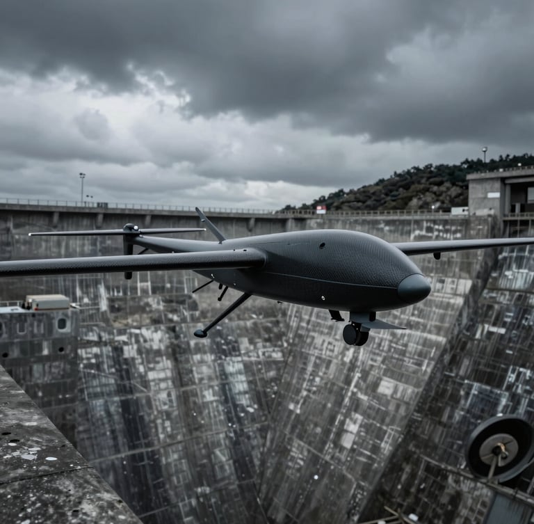 Wide environmental tracking shot of a carbon-fiber UAV airframe flying over a massive concrete hydroelectric dam, heavy overcast sky, dramatic low-key lighting, cool slate tones.