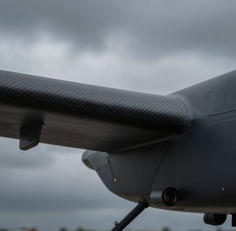Macro detail shot of a carbon-fiber UAV airframe wing joint and optical sensor payload, matte black finish, cool slate tones, dramatic overcast daylight, 50mm.
