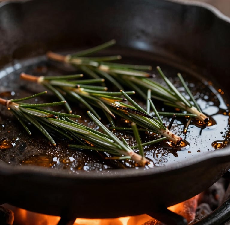 Macro extreme close-up of a cast-iron pan glistening with oil over glowing orange embers, charred rosemary sprigs, moody low-key lighting