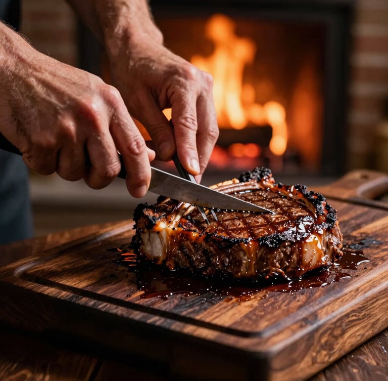 Moody editorial close-up of hands carving a fire-roasted ribeye on a dark wooden block, glistening juices, warm side-lighting from the hearth, deep shadows, 35mm