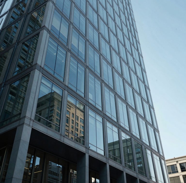 A low-angle exterior shot of a modern architectural office building in Toronto, featuring clean glass panels reflecting crisp daylight and a cool blue sky.