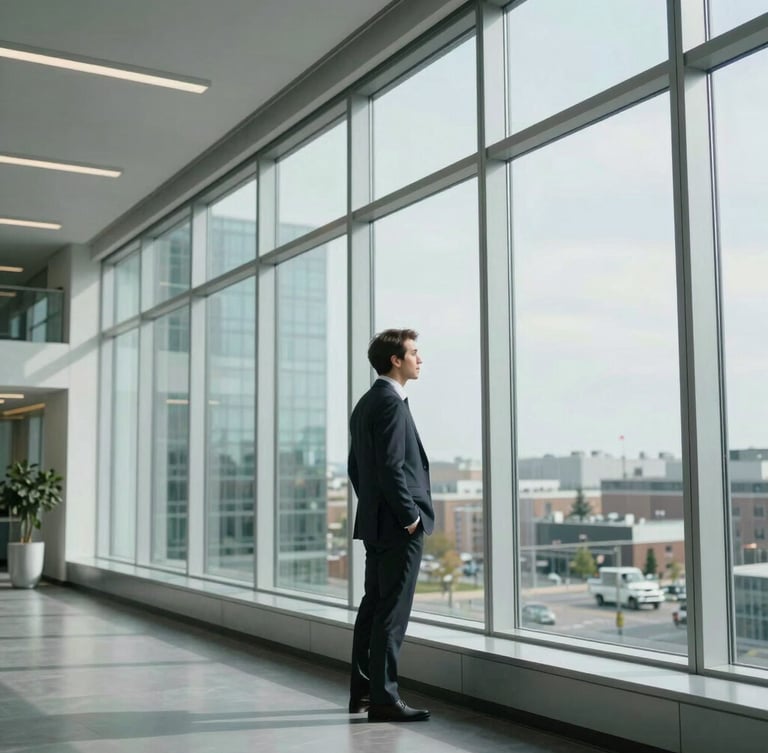 Wide environmental shot of a modern Canadian architectural office, a professional broker looking out of a large window in crisp natural daylight, cool clean undertones.