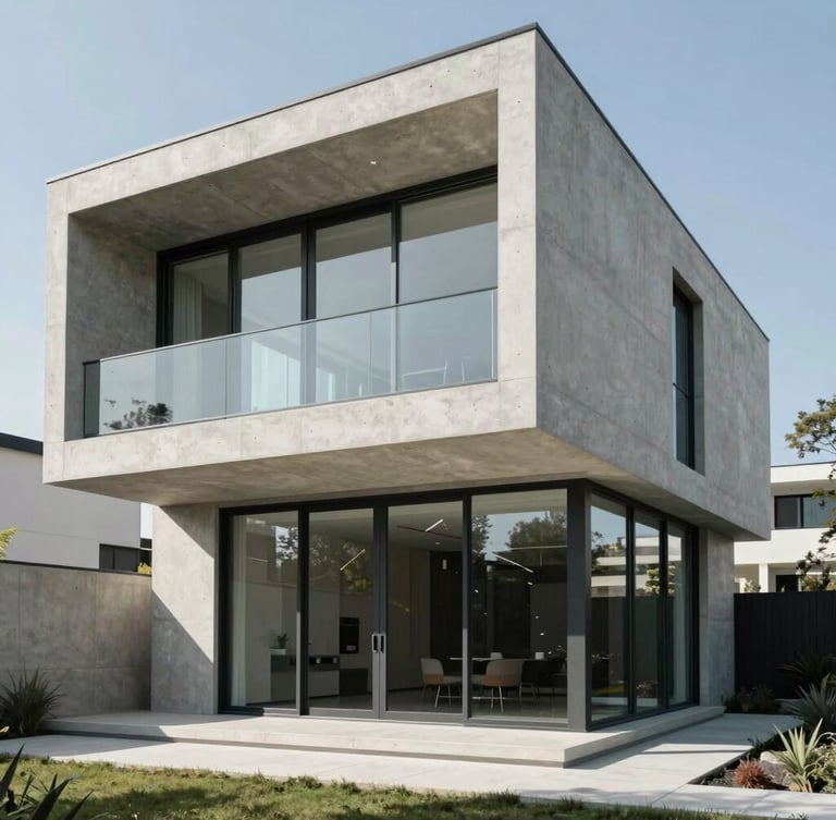 A crisp, high-value modern architectural home with sharp concrete and glass lines, captured in bright natural daylight with cool undertones.