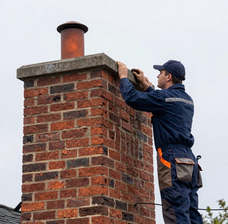 Avon-local chimney crew member in work attire inspecting a brick chimney exterior against a New England sky, natural overcast daylight, focused and professional, 35mm lens