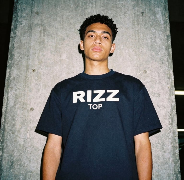 Candid low-angle shot of a Gen Z model wearing a Rizz Top in an urban concrete setting, direct flash photography, 35mm film look.