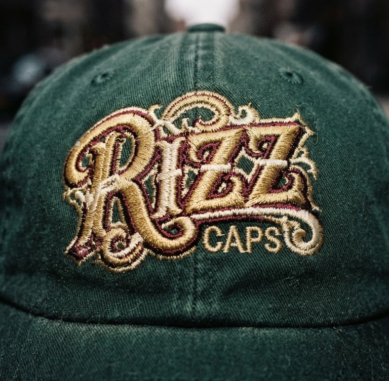 Close-up of Rizz Caps embroidery details, direct flash lighting, rich saturated dark green fabric texture, raw streetwear photography.