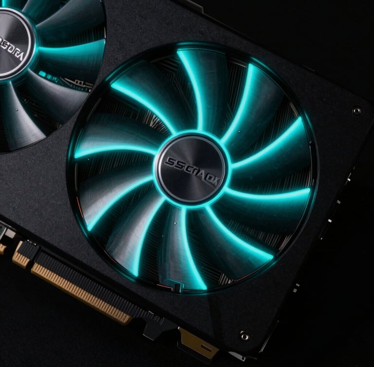 Extreme macro close-up of a consumer GPU rig, glowing graphics card with electric cyan neon highlights, dark background, sharp focus, 35mm lens