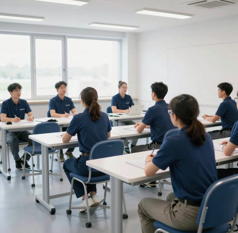 Medium wide environmental shot of a professional training workshop, bright natural daylight, clean and non-cluttered workspace, deep blue accent tones