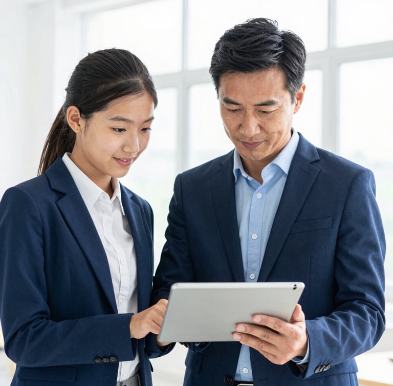 Bright professional editorial portrait of a mentor guiding a student over a tablet, natural daylight, deep blue tones, sharp focus, 35mm lens
